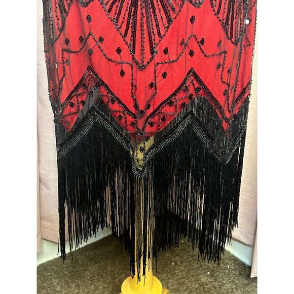 Vintage-Inspired Red & Black Beaded Flapper Dress Fringe Size XL 1920s Gatsby - Picture 6 of 16